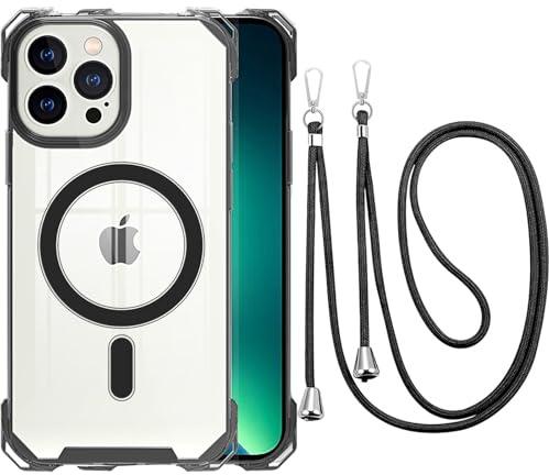 CAROKI Crossbody Lanyard Case for iPhone 13 Pro,Ultra Clear Hard Back Magnetic Case Compatible with MagSafe Bumper with Strap Adjustable Neck Cord Cover for iPhone 13 Pro-Black