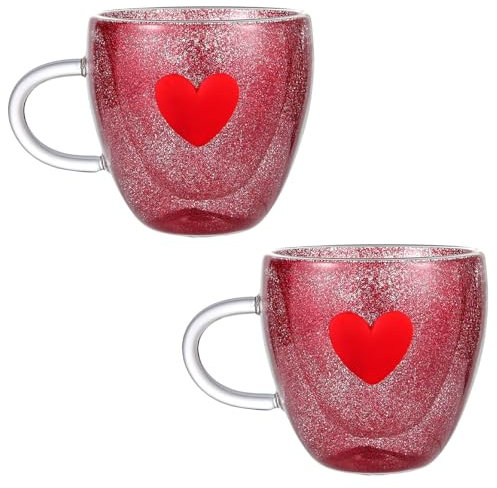 JUOPZKENN Set di 2 Tazze di Vetro a Forma di Cuore, Tazze Trasparenti Tazza di Vetro Unica a Forma di Cuore Tazze da caffè in Vetro a Doppia Parete per caffè Latte Latte