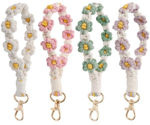 FYBlossom 4 Stück Makramee Schlüsselanhänger Band, Boho Schlüsselband Kurz Schlüssel Anhänger Schlüsselbund, Handgefertigter Gänseblümchen Autoschlüssel Armband Geschenk für Frauen Mädchen (Stil A)