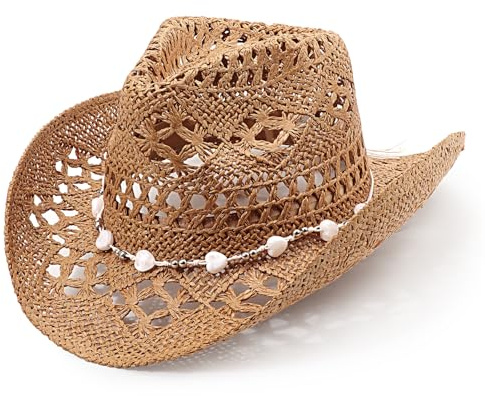 DRESHOW Straw Cowboy Cowgirl Hat for Women Men Western Coastal Cowboy Beach Hat with Shapeable Brim Unisex Rolled up Caps