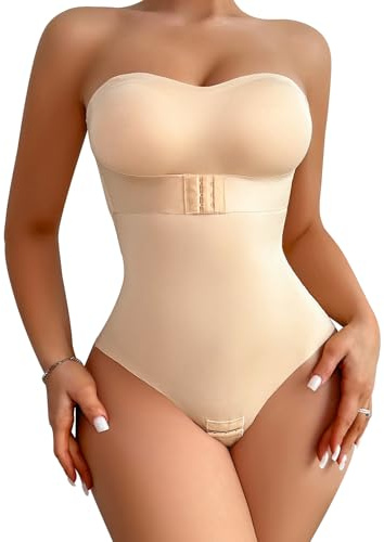 USEASY Shapewear Bodysuit Tummy Control Strapless Bra Shapewear for Women Strapless Faja Body Shaper Thong Light Shapewear Beige L