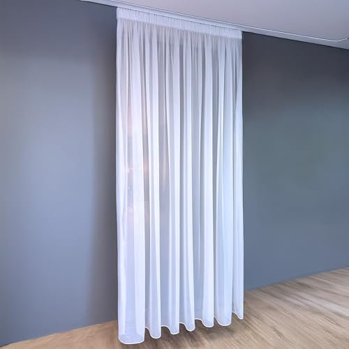 Tenda pronta in poliestere di alta qualità di colore bianco con elegante arricciatura (tinta unita voile) (altezza x larghezza 245/300 cm)