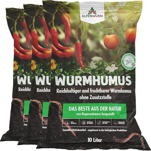 Alpenwurm Wurmhumus 30L | Wurmkompost pur | organischer Dünger | Bio Dünger (3x 10 Liter)