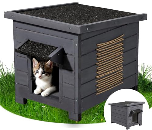 Katzenhaus aus Holz mit Isolierschicht,Katzenhütte mit Asphaltdach,Wetterfestes Winterfester Katzenschutz mit Schaumstoff-Dämmung für alle Jahreszeiten,für drinnen & draußen