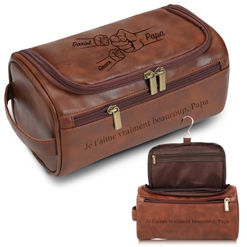 Easycosy Trousse de Toilette Homme Personnalisée -Cadeau Saint Valentin Homme- Sac Organisateuer de Toilette Trousse avec Crochet en Cuir PU pour Voyage Business Idée Cadeau Homme Original Papa Papy
