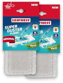 Leifheit Staubbezug SUPERDUSTER Floor M 2er Set, Staubmopp Bezüge | Waschbar bis 100x bei 40 °C, alle Leifheit Wischer M, nimmt Staub/Haare/Allergene auf, für Hartböden, weiß, 39,0x16,0x2,0 cm