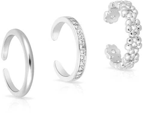 Mikovivi 3pcs Silver Toe Rings, Open Adjustable Copper Toe Ring Set Flower Diamond Plain Foot Ring Summer Beach Foot Jewelry for Women