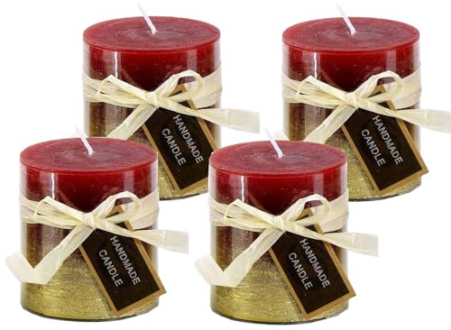 Stumpenkerze, handgemacht Rot-Gold-Metallic (4er Set) 7,2 x 6,8 cm - Kerze für Adventskranz, Kerzen, Advent
