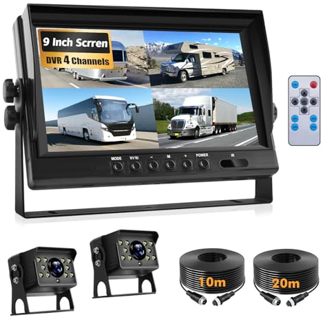 9 Inch DVR Reversing Camera Kit Backup Cameras,Night Vision 4-Split Screen | Double Din Android Wireless Carplay Android Auto Support Bluetooth/GPS/WiFi/Backup Camera/SWC/FM/Mirror Link/IPS Touch Screen