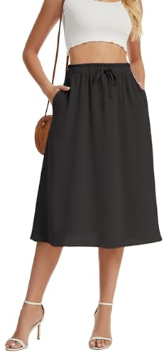 WUWUSKY Women's Skirts Elastic High Waist Flowy Midi Skirt Summer Casual Elasticated A Line Skirts with Pockets