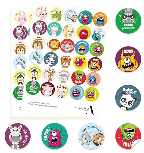 Belohnungssticker für Grundschule Lehrerbedarf – Motivationsaufkleber für Kinder im Set – ab 300 Stück – 30 Sprüche – Sticker für Schule, Kindergarten – (02-TIERE)