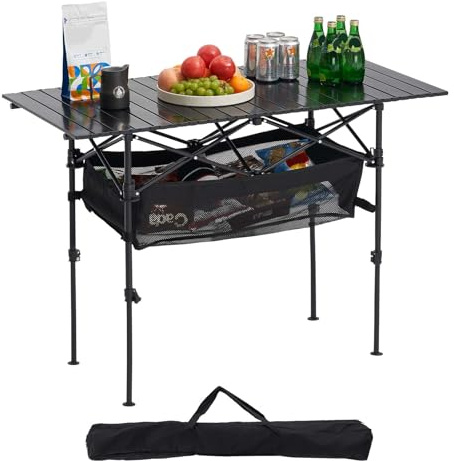 VEVOR Tavolo da Campeggio Pieghevole, Tavolo da Spiaggia in Alluminio Leggero con Altezza Regolabile, Ampia Borsa Portaoggetti e Borsa per Trasporto, per Barbecue all'Aperto, Picnic, Viaggi, Nero