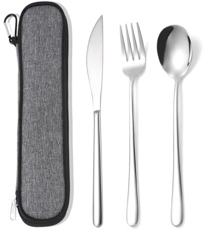 AARAINBOW 3 Piece Travel Cutlery Set, 304 Stainless Steel Fork Knife Spoon | Reusable Travel Cutlery Set with Case, Dishwasher Safe, Single Person, for Lunch Work Camping Picnic, Mirror Polished Silver