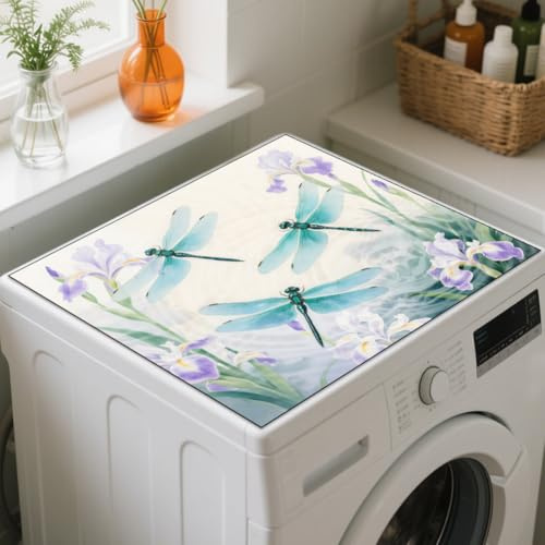 GLOBLELAND Retro Dragonfly Washer Dryer Dust Cover Mat 23.6x23.6inch Iris Flowers Washing Machine Top Protector Pads Vintage Lake Non Slip Washing Dryer Dust Top Covers for Laundry Rooms Placemat