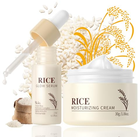 Korean Glass Skin Duo Set, Rice Essence Serum & Moisturising Face Cream, Hydrating & Nourishing Skincare Kit for Smooth Radiant Complexion, Daily Facial Care Gift Set for Glowing Skin 2pcs