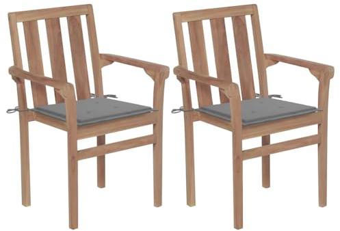 QJBSAVVA Gartenstühle 2er Set aus massivem Teakholz polstergestoff grau 58x50x89 cm stapelbar platzsparend für Balkon Terrasse Gartenstuhl Balkonstuhl Outdoor Stuhl für Garten Balkon Camping