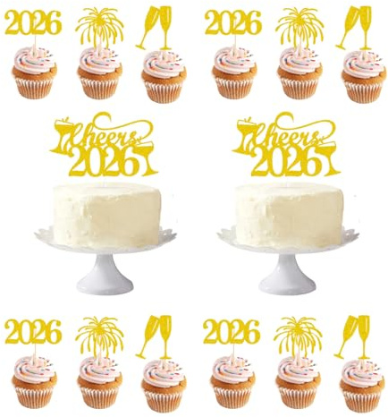 14 adornos dorados para tartas de Año Nuevo, decoración para tartas de Año Nuevo 2026, decoración de tarta de feliz año nuevo, accesorios para decoración de fiestas de Año Nuevo, decoración de