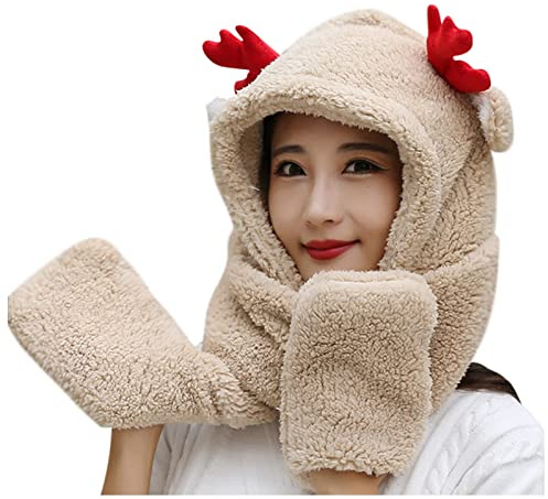 Generisch Gehrock Damen Karikatur-Kitz-Dicker Hut-Ohrschutz-Warmer -Hut-Schal-Handschuh-Satz Cap Damen Winter (Beige, One Size)