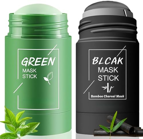 2PCS Green Tea & Charcoal Face Mask Stick, Green Tea Cleansing Mask Stick for Face, Charcoal Clay Ma-sk Sticks for Pores, Blackhead Remover for Men & Women, Moisturizes Oil Control Skin Care Set
