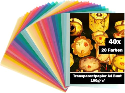 TRUEIN 40 Blatt Transparentpapier Bunt A4, 20 Farben, Pergamentpapier Bunt zum Bedrucken, Buntes Papier zum Basteln, Transparent Laternen Papier, Für Drucken, Scrapbooking, Laternen, Kartengestaltung