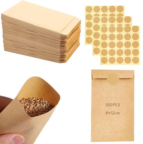 Samentütchen verpackungstüten, 150 Stück Papiertüten Klein Braun, 8x12cm Saatgut Aufbewahrung, Kraftpapier Tüten zum Befüllen Verpackungstüten Umschläge Geschenktüten Bonbons