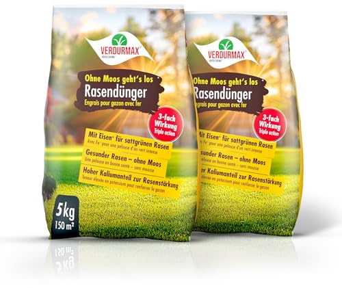 Verdurmax Engrais Pelouse au Fer 2 x 5 kg - Anti-Mousse Reverdissant | Action Anti-Mousse Rapide & Revitalisante - Gazon Vert Profond et Robuste - Riche en Azote, Potassium et 9% de Fer