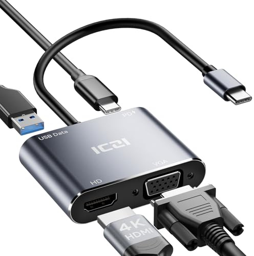 ICZI Adaptador USB C a HDMI VGA, 4 en 1 Adaptador Multipuerto 4K HDMI 1080P VGA, Adaptador USB C con Puerto de Datos USB 3.0 de 5 Gbps,100 W PD para iPhone 15 Pro/MAX, MacBook Pro/Air 2023, iPad Pro
