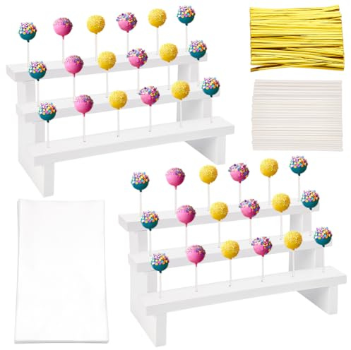 UNICRAFTALE 2 juegos de 3 pisos Cake Pop Soporte de madera 12 x 17 x 13,5 cm estilo vintage blanco con 100 bridas de alambre, tallos de papel y bolsas de regalo para mostrador de cocina, mesa de