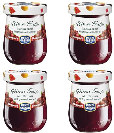 Menz&Gasser, Composta di Mirtilli Rossi Prima Frutta, Realizzata con Frutta di Alta Qualità IQF, Lavorata con Passione in Trentino-Südtirol, Senza Glutine, Vegan, 4 Vasi da 300 g