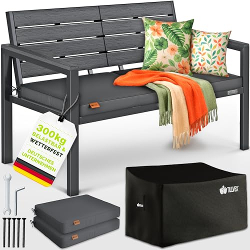 tillvex® Gartenbank Wetterfest 2-3 Sitzer mit Abdeckung & Kissen | Parkbank in Holzoptik bis 300kg belastbar UV-beständig | Sitzbank Garten Terrasse Balkon mit waschbarem Bezug