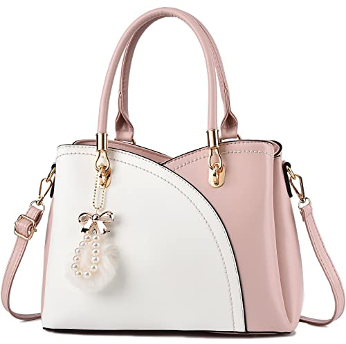 I IHAYNER Damen Handtasche Vegan Leder Schultertasche Tote Bag Satchel mit Pompon Anhänger Umhängetasche Groß mit Geldbörse Rosa