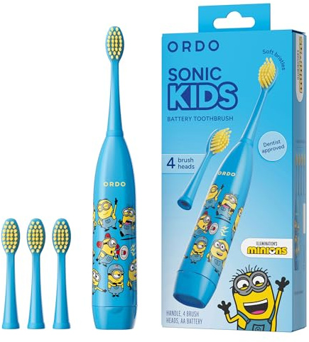 ORDO Minions Kids Electric Toothbrush, Sonic Toothbrush, Pack of 4, Blue | Children's electric toothbrush, soft bristles, 4 brush heads, 60-day battery, 18,000 sonic pulses