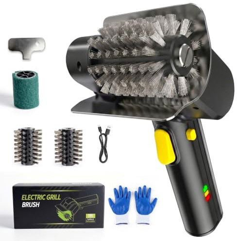 Brosse Barbecue Électrique avec Moteur 550tr/min Brosse de Nettoyage Barbecue BBQ sans Fil avec 2 Têtes de Brosse en Acier Inoxydable, Charge Type-C pour Grille de Barbecue, Grill Plat