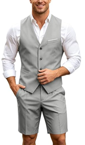 Men's Sleeveless Vest Suit Set Dress Shorts, 2 Piece Suit Jacket Blazer Sleeveless V-Neck Button Down Chest Pockets and Piping Pockets, City Bermuda | Wedding Banquet Office Casual