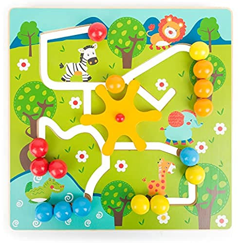 Small Foot 10728 Schiebepuzzle mit Motiven der Savanne, großes Rad zum Verschieben der 12 Holzkugeln, fördert Motorik und Koordination