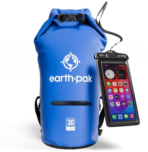 Earth Pak Torrent Serie Dry Bag wassersdichte Tasche mit verstellbarem Schultergurt und wasserfester Handyhülle Ideal beim Kajak Fahren Angeln Rafting Blau 30L