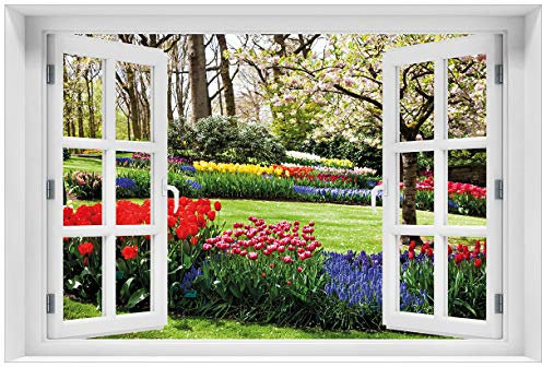 Wallario selbstklebendes Poster - Bunte Blumen und Kirsch-Baum im Park blühen im Frühling, Aufkleber in Premiumqualität, Klebefolie Größe: 61 x 91,5 cm mit Fenster-Illusion (Maxiposter)