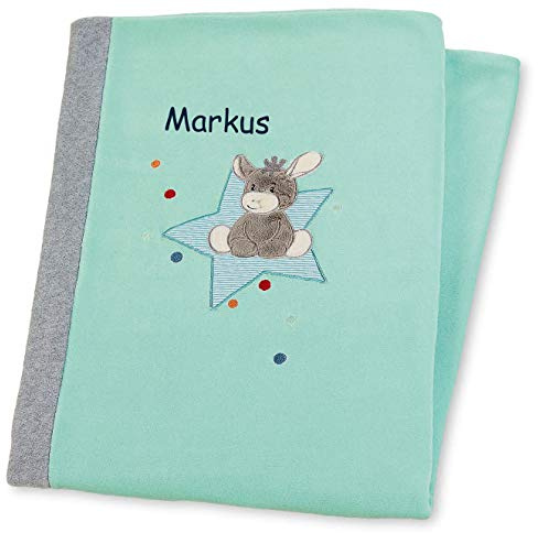 Sterntaler Schmusedecke Bestickt mit Namen, Kuscheldecke Decke 100x75 Esel Emmi 2020 Grün/Grau Kinderdecke Junge Mädchen