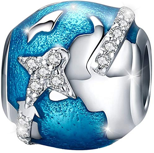 MariaFonte Pendentif Voyage Compatible Toutes Les Marques Monde Globe Avion Valise Passeport Charm Argentée Breloque Bead