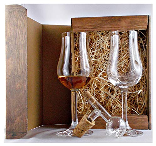 Geschenk 2 Stölzle Tasting Whisky Whiskey Gläser + 1 Glaskugelportionierer in Karton Holzoptik Whisky Geschenkset Männergeschenke
