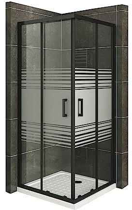 Mampara de Ducha Diana 90x90x180cm, REVERSIBLE, Puertas Correderas, Ajuste 87.5-89.5x87.5-89.5cm, Perfiles Negros, Cristal Templado Parcialmente Satinado 6mm