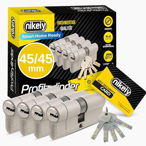 GERCAR Pro+ 4er Set Profil-Zylinder gleichschließend 45/45 - N+G Schließzylinder mit Not- und Gefahrenfunktion - Zylinderschloss mit Bohrschutz und 10 Schlüssel mit CodeCard | 90 mm | A:45 B:45 | 4 x