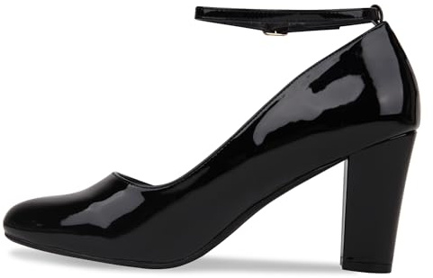 Bismaa Womens Unisex Buckle Ankle Strap Mid Block Heel Shoes Plus Size 9 10 11 12 (Black Patent, Numeric_12)