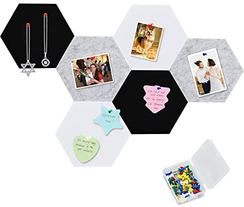 Vuzvuv 6 Stück schwarz-weiß-grau, sechseckige Filz-Pinnwand mit 35 Reißzwecken, selbstklebend, leicht, keine Schäden an der Wand, für Klebenotizen, Fotos, Zeitpläne, Ankündigungen.