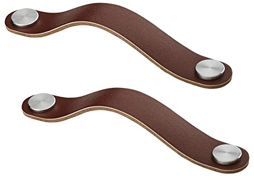 SOTECH 2 x Möbelgriff OSTERNAS BA 128 mm dunkelbraun | (passend für 6 mm Bohrung) aus Rindsleder und Schraubknöpfen aus echtem Edelstahl / Ledergriff mit Befestigungsschrauben