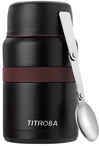 TITIROBA Thermobehälter für essen BPA-Frei 304 Edelstahl Warmhaltebehälter Essensbehälter thermobox 500ml mit Löffel und Tasche Schwarz