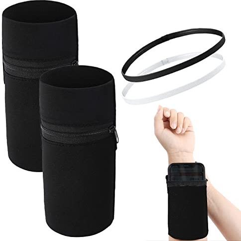 2 Sport Handgelenktaschen mit 2 Sport Haarbändern, Schwarzes Armband Geldbörse, kann Handys, Schlüssel, Bankkarten speichern, geeignet für Fitness, Laufen, Spazieren und Reiten