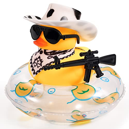LUTER Ente für Auto, Gummi Ente für Auto Armaturenbrett Quietschend Ente Badespielzeug Spaß Cowboy Ente Autozubehör Auto Armaturenbrett Dekorationen mit Schwimmring Mütze Schal Brille (Stil 4)