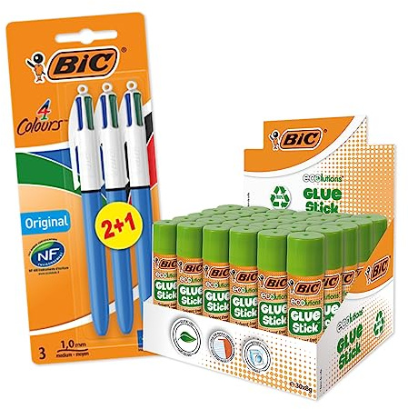 BIC Bâtons de Colle Blanche, Idéal pour Papier et Carton, Sans Solvant, 8 g, Boîte de 30 tubes + BIC 4 Couleurs Original Stylos-Bille Rétractables Pointe Moyenne (1,0 mm), Boîte de 12 - Lot de 42