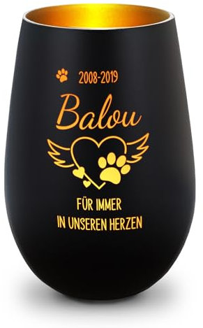 GRAVURZEILE Farol decorativo de cristal con grabado, diseño de pata de corazón, personalizable con nombre y fecha, luz de luto de mascotas, decoración de tumba para funeral o como recuerdo, color